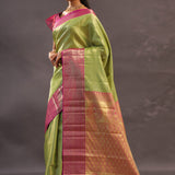 Lime Green Kanjivaram Tissue Silk Saree With Contrast Megenta Border