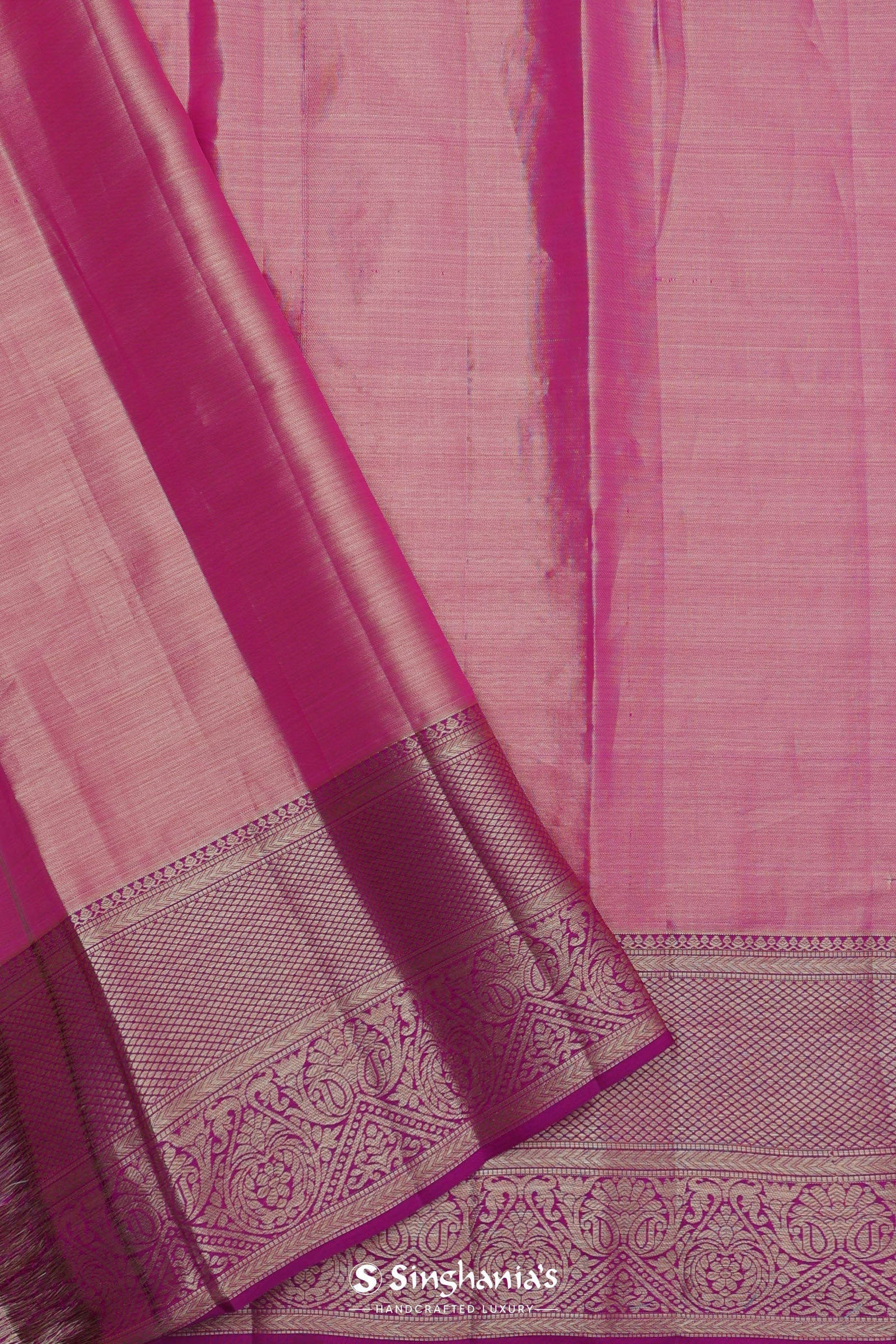 Lime Green Kanjivaram Tissue Silk Saree With Contrast Megenta Border