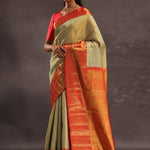 Soft Olive Kanjivaram Tissue Slik Saree With Vibrant Orange Border