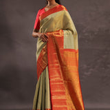 Soft Olive Kanjivaram Tissue Slik Saree With Vibrant Orange Border