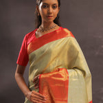 Soft Olive Kanjivaram Tissue Slik Saree With Vibrant Orange Border