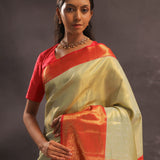 Soft Olive Kanjivaram Tissue Slik Saree With Vibrant Orange Border