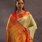 Soft Olive Kanjivaram Tissue Slik Saree With Vibrant Orange Border