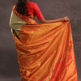 Soft Olive Kanjivaram Tissue Slik Saree With Vibrant Orange Border