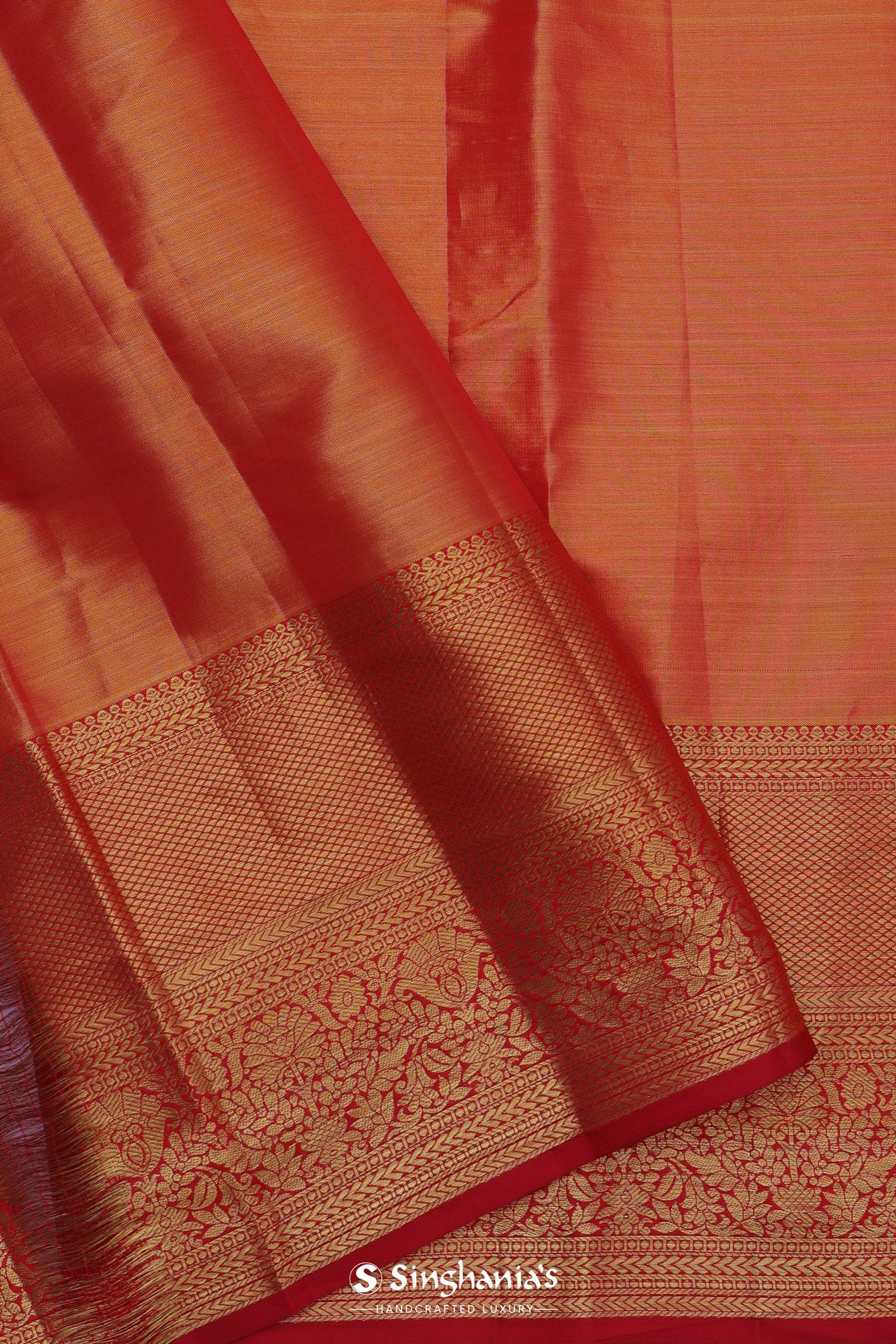 Soft Olive Kanjivaram Tissue Slik Saree With Vibrant Orange Border