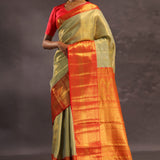 Dark Cream Kanjivaram Tissue Silk Saree With Vibrant Orange Border
