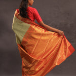 Dark Cream Kanjivaram Tissue Silk Saree With Vibrant Orange Border