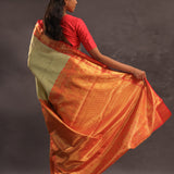 Dark Cream Kanjivaram Tissue Silk Saree With Vibrant Orange Border