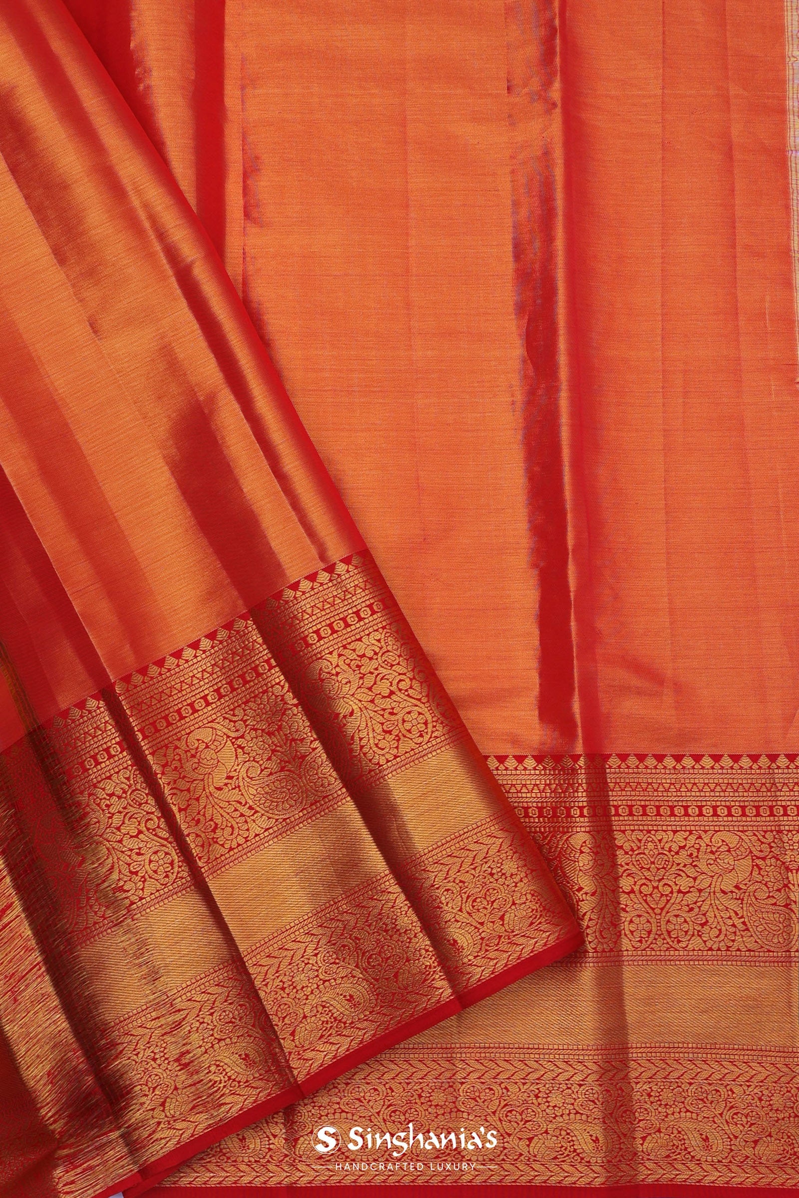 Dark Cream Kanjivaram Tissue Silk Saree With Vibrant Orange Border