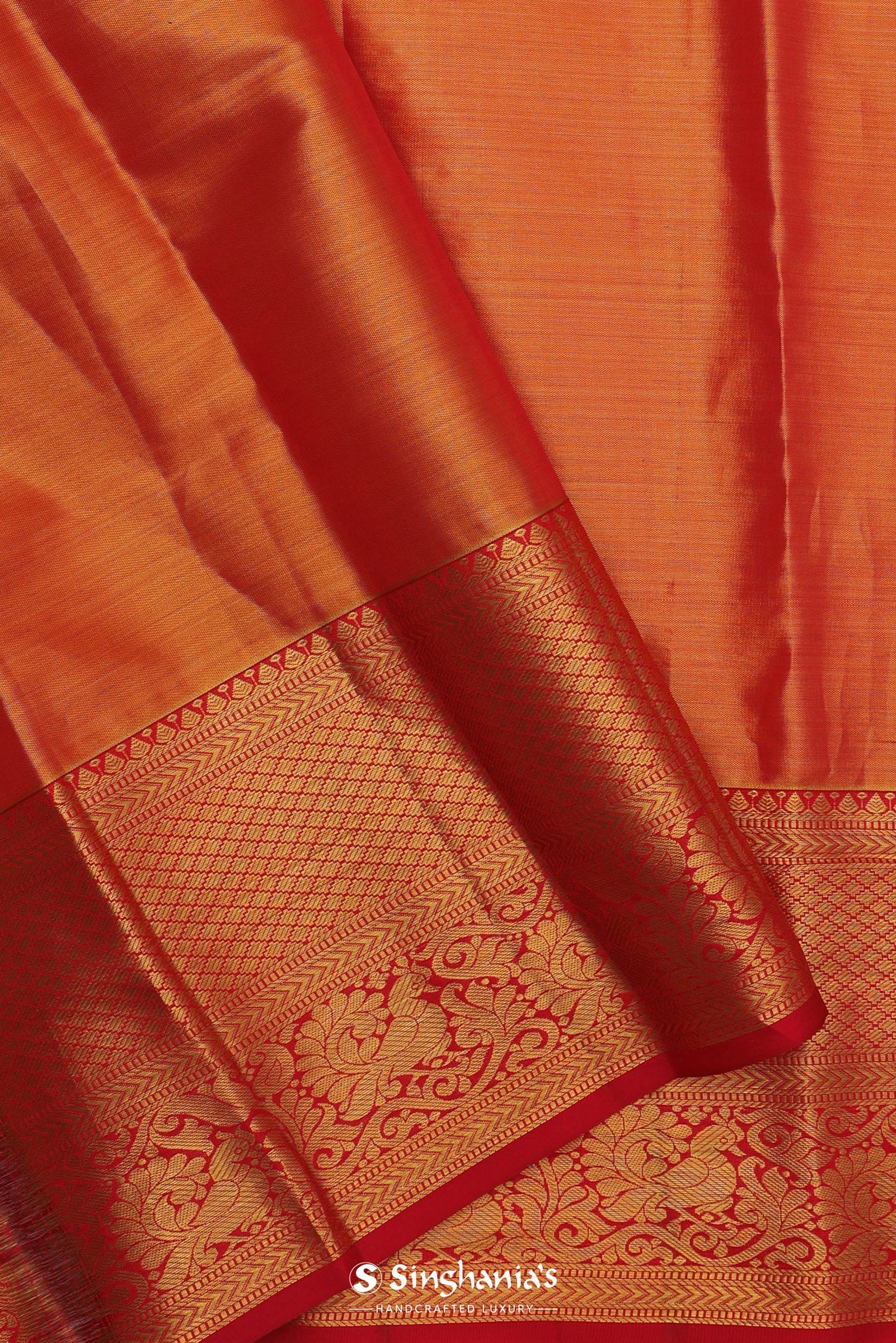 Beige Kanjivaram Tissue Silk Saree With Contrast Vibrant Orange Border