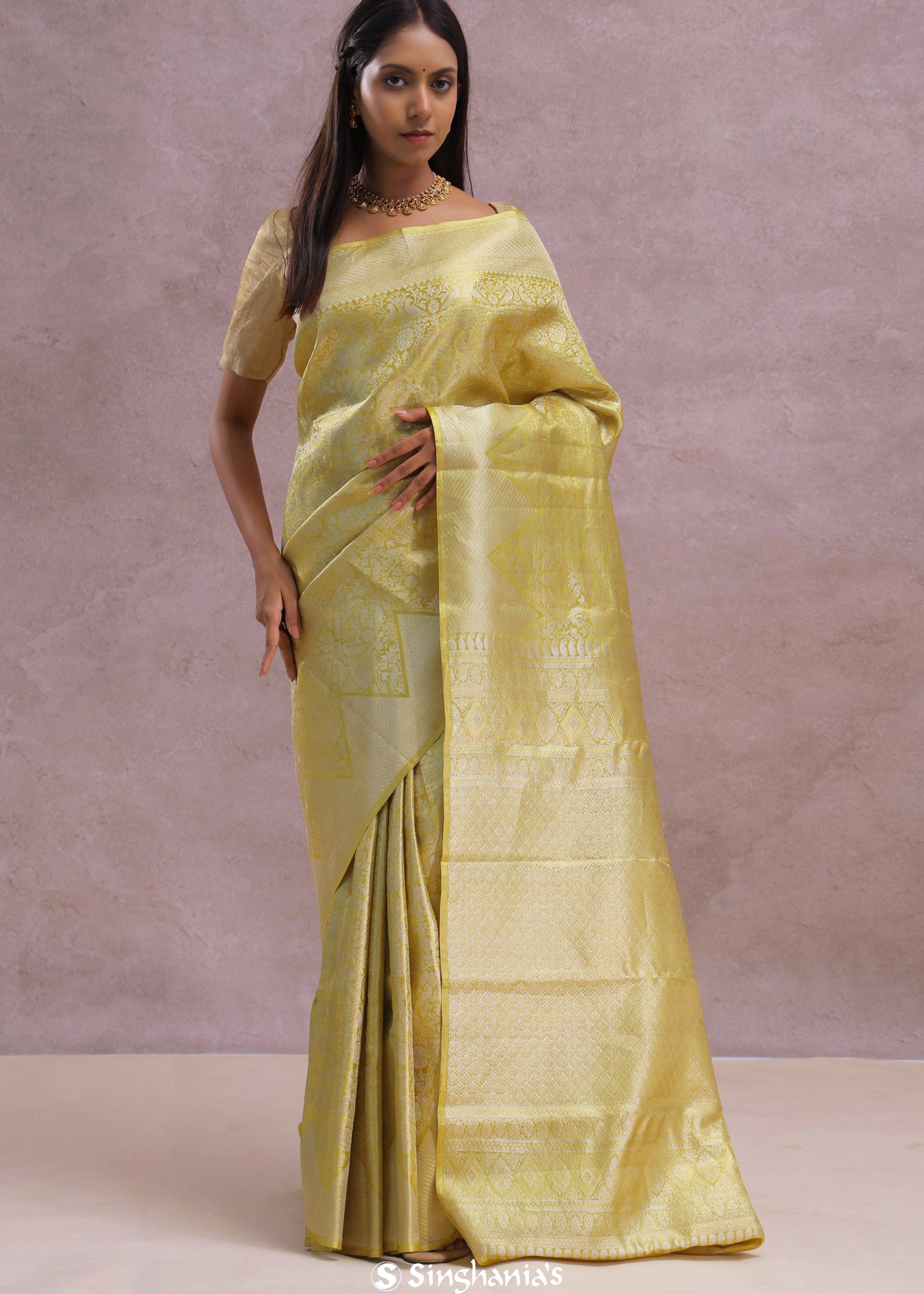 Gold Kanjivaram Tissue Saree With Silver Zari Work