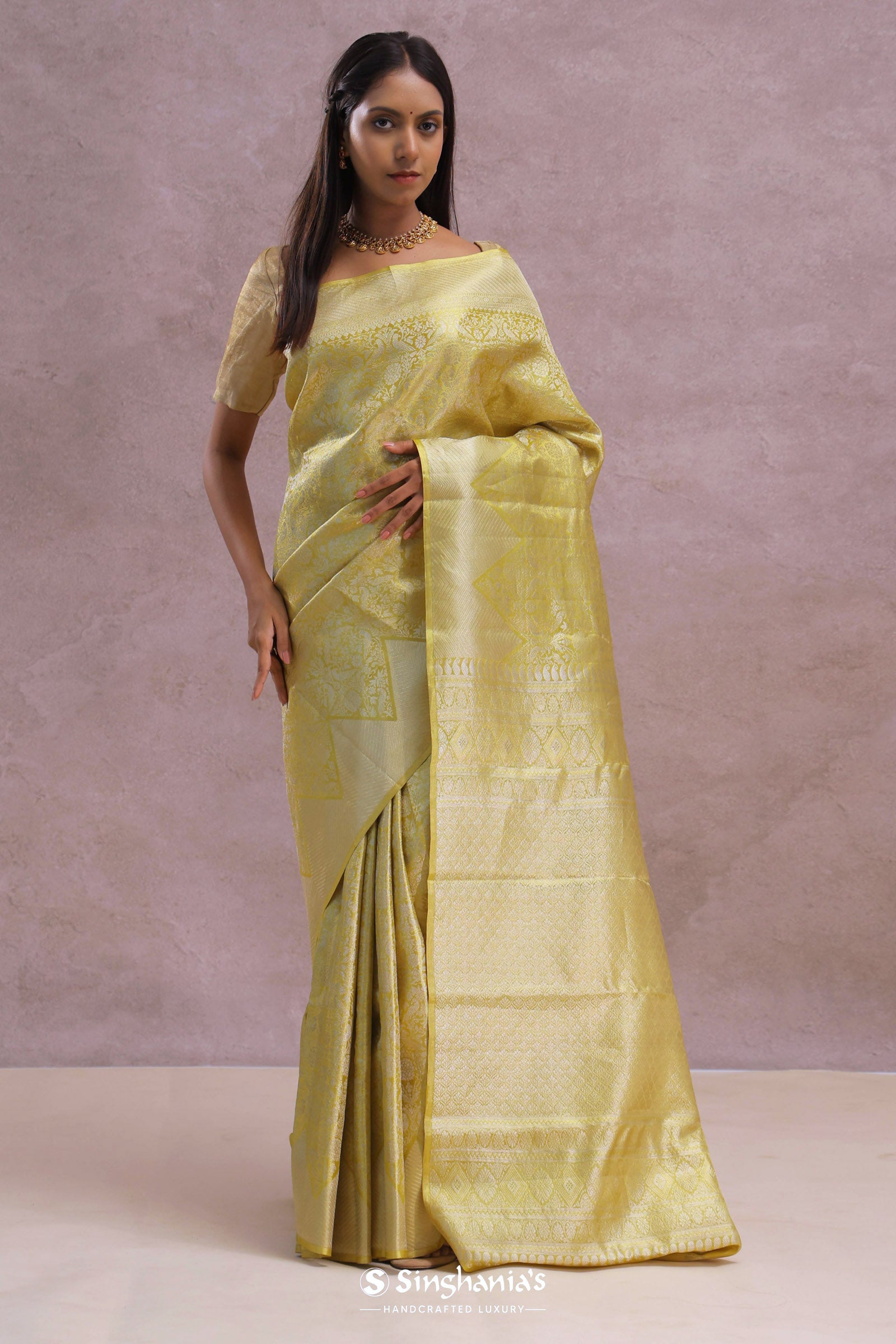 Gold Kanjivaram Tissue Saree With Silver Zari Work