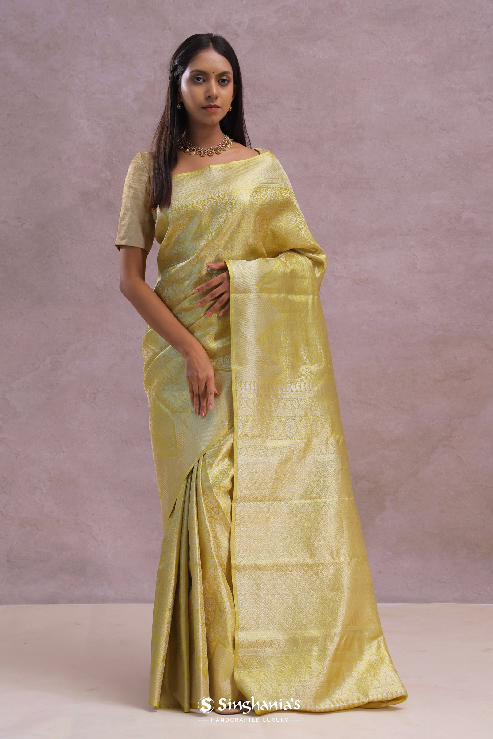 Gold Kanjivaram Tissue Saree With Silver Zari Work