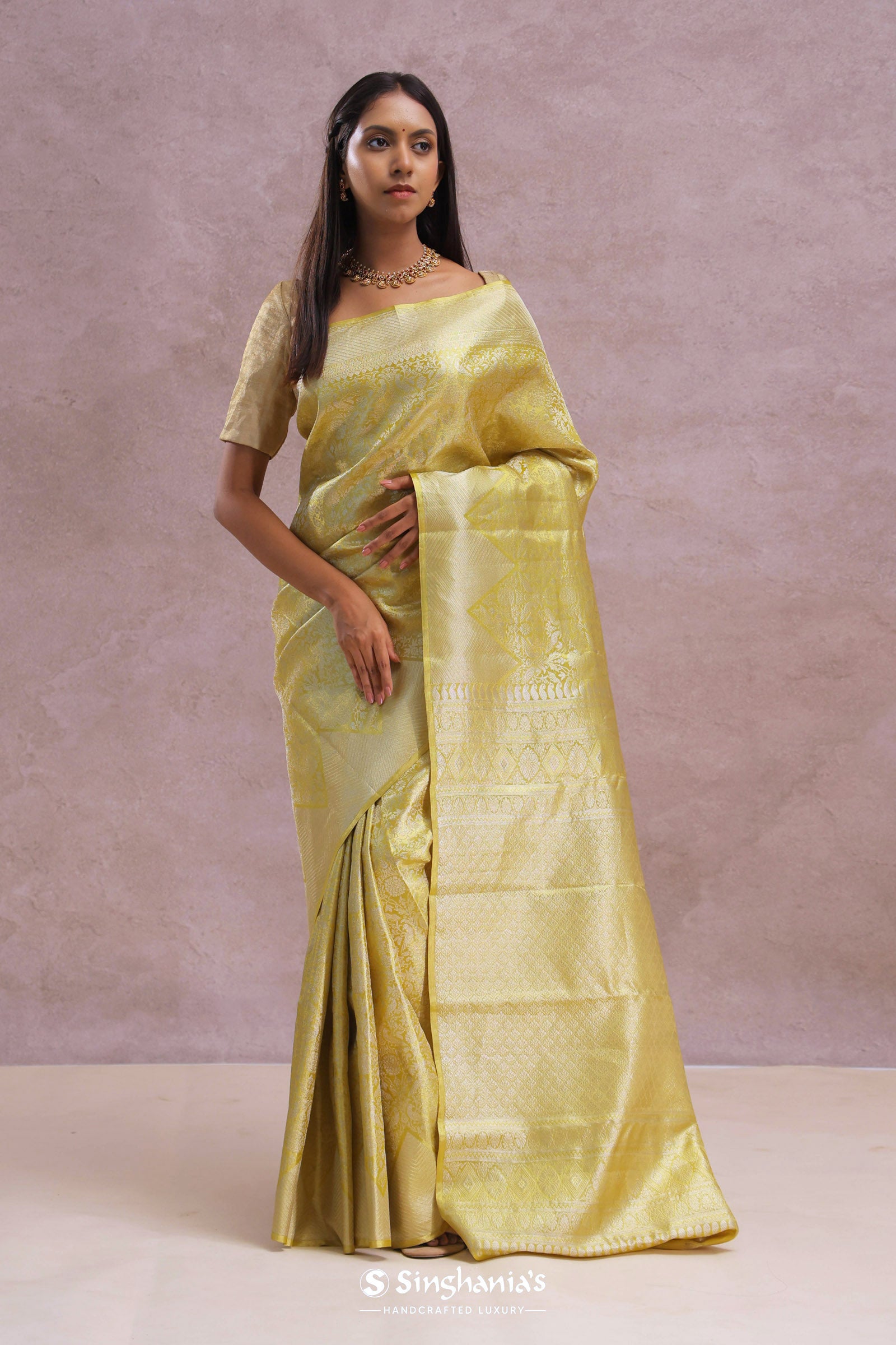 Gold Kanjivaram Tissue Saree With Silver Zari Work