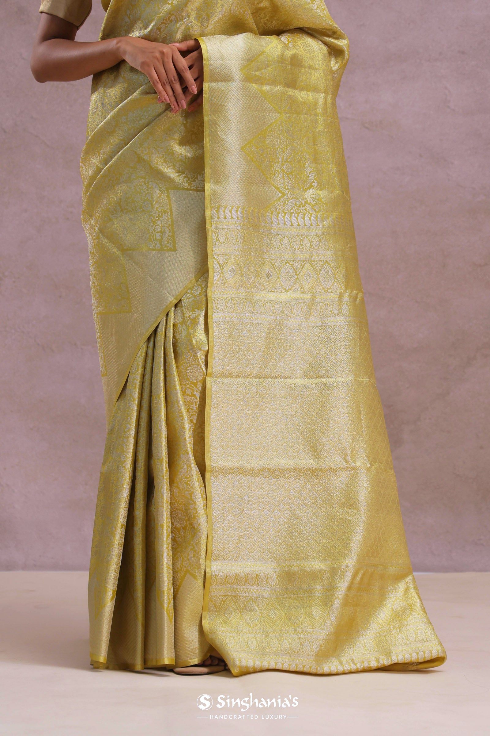 Gold Kanjivaram Tissue Saree With Silver Zari Work