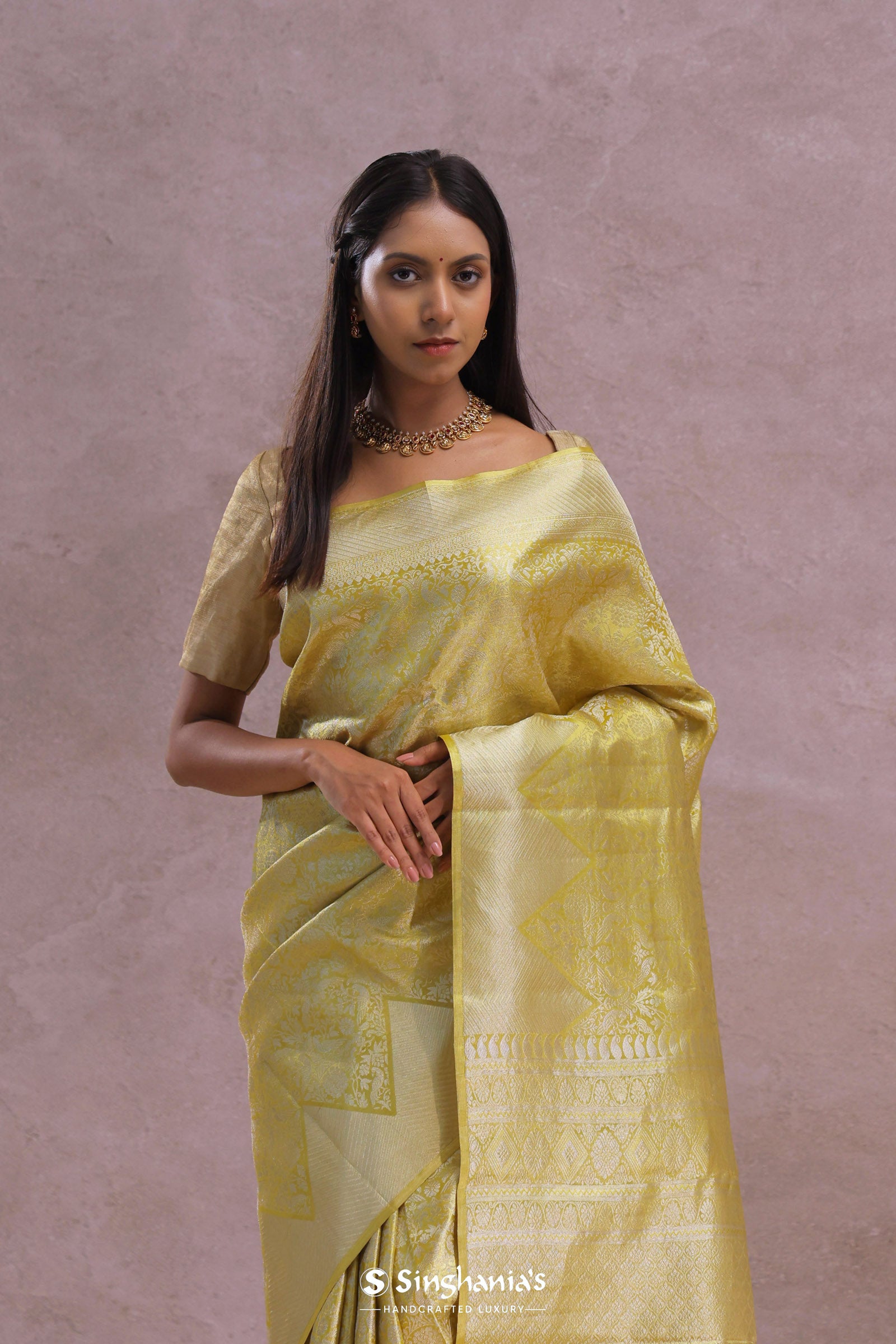 Gold Kanjivaram Tissue Saree With Silver Zari Work