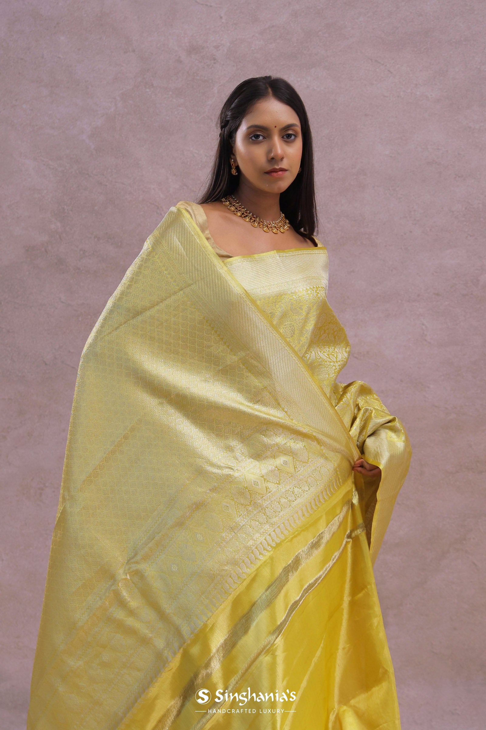 Gold Kanjivaram Tissue Saree With Silver Zari Work