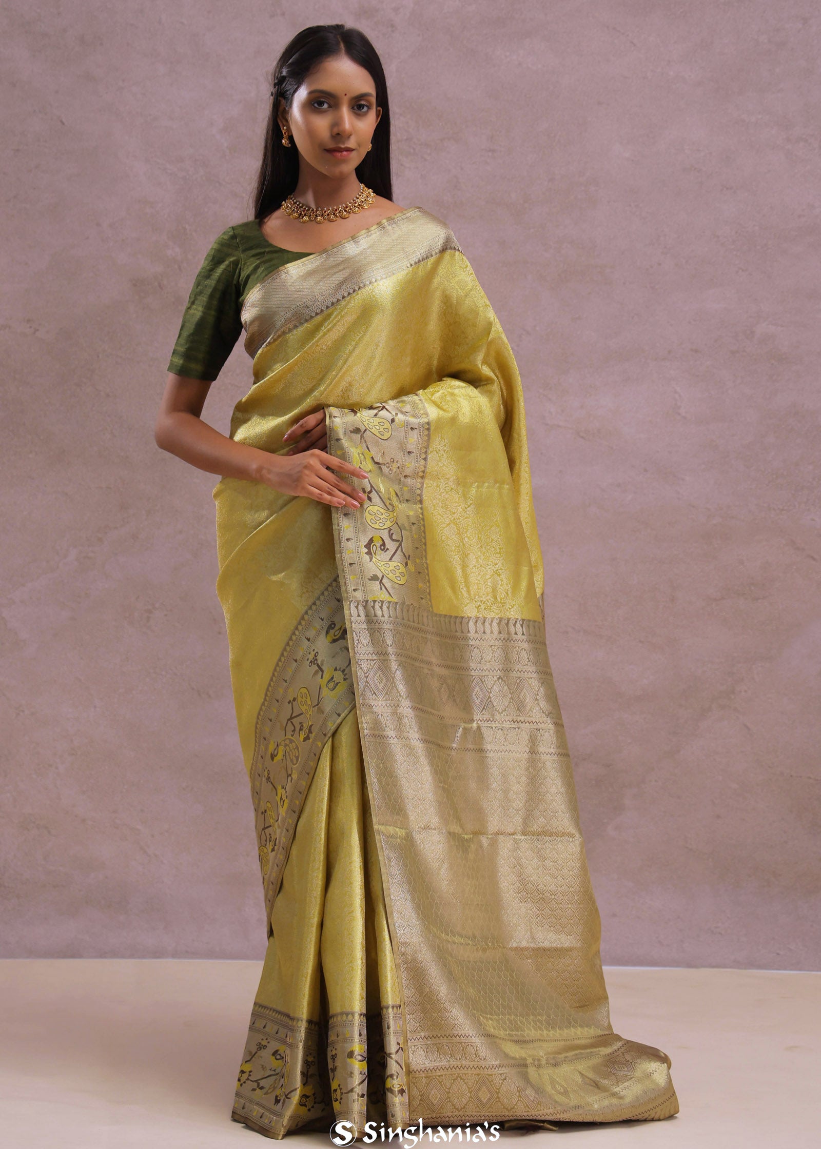 Golden Kanjivaram Tissue Saree With Contrast Green Border