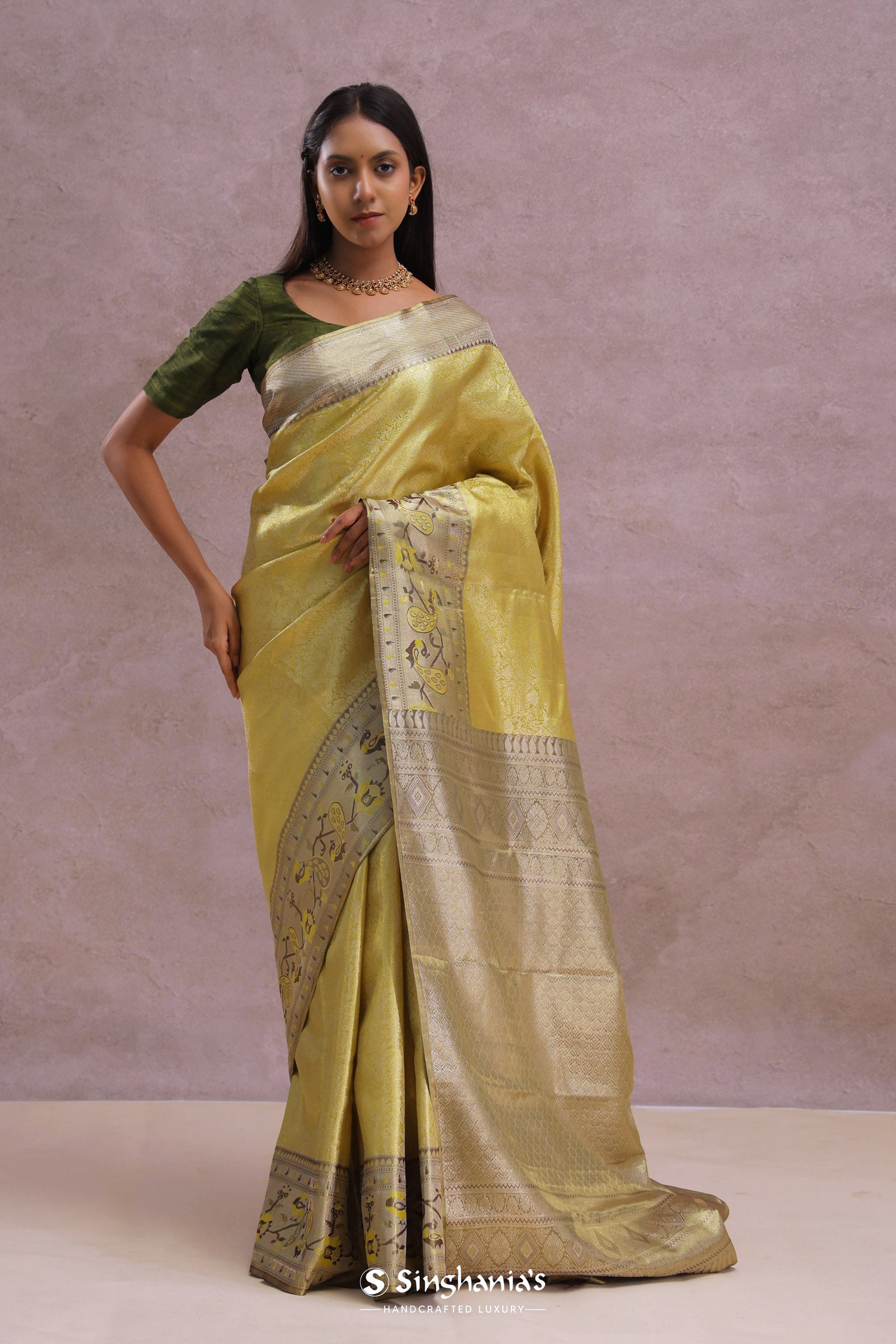 Golden Kanjivaram Tissue Saree With Contrast Green Border