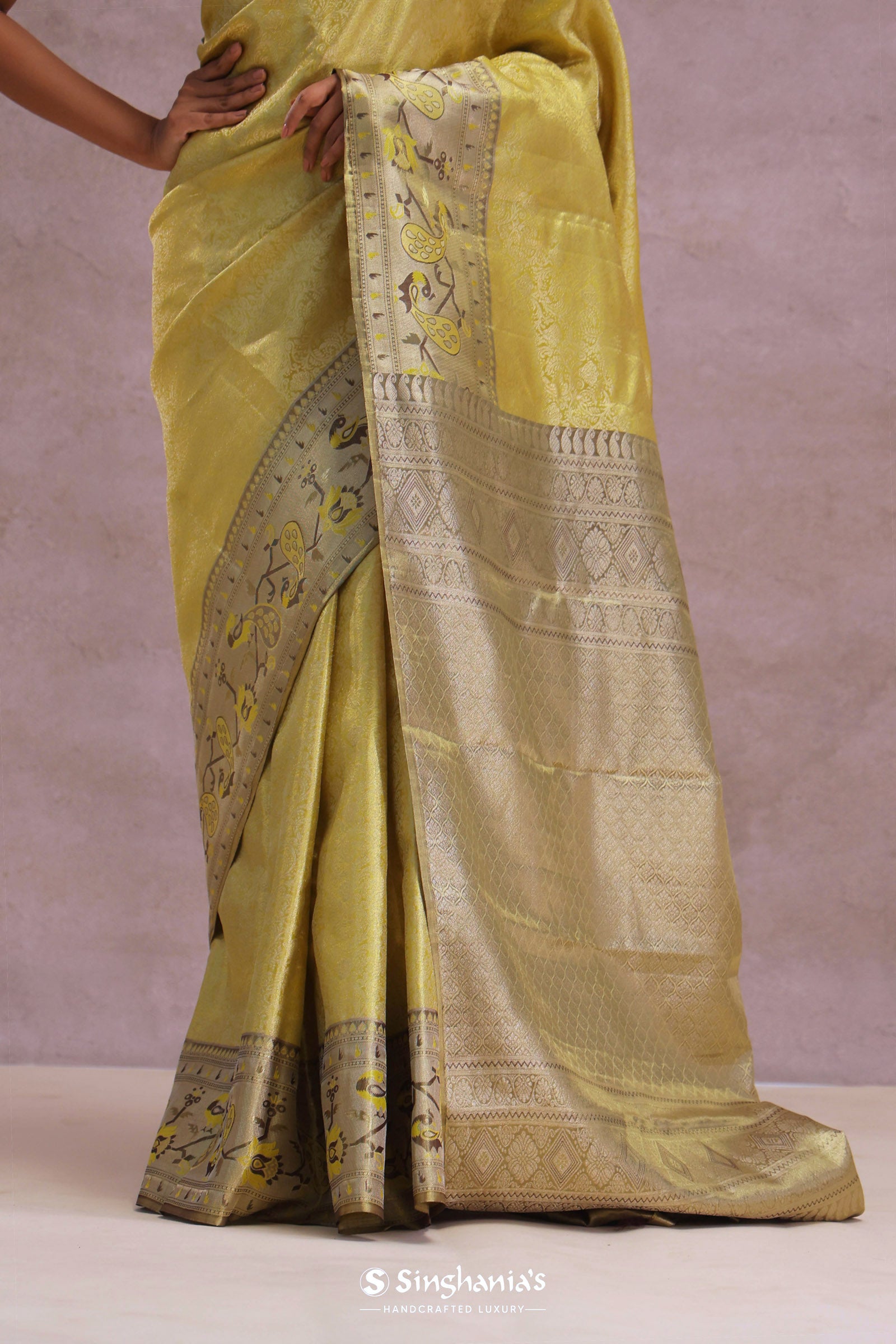 Golden Kanjivaram Tissue Saree With Contrast Green Border
