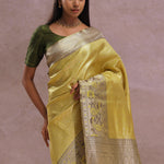 Golden Kanjivaram Tissue Saree With Contrast Green Border
