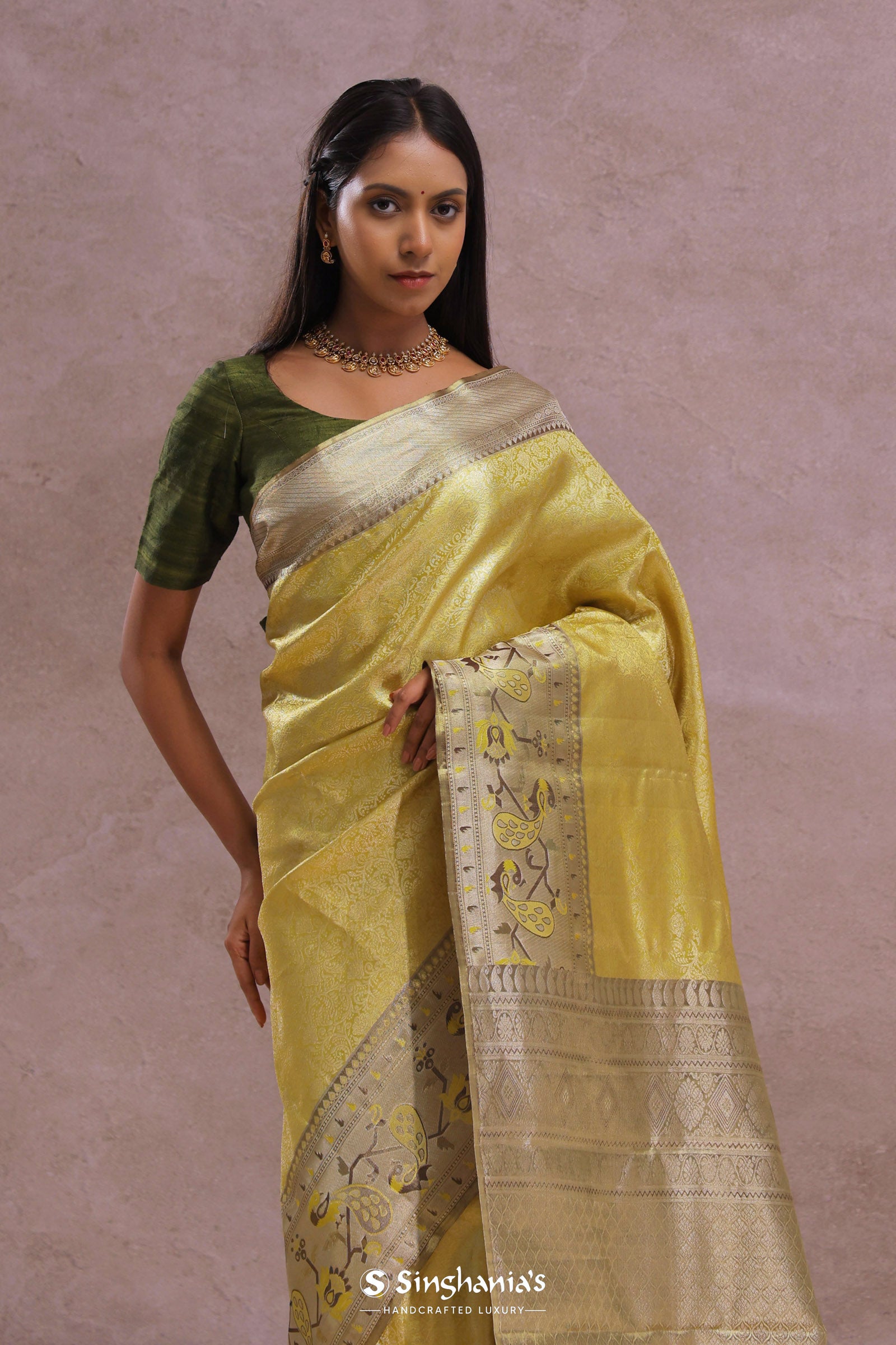 Golden Kanjivaram Tissue Saree With Contrast Green Border