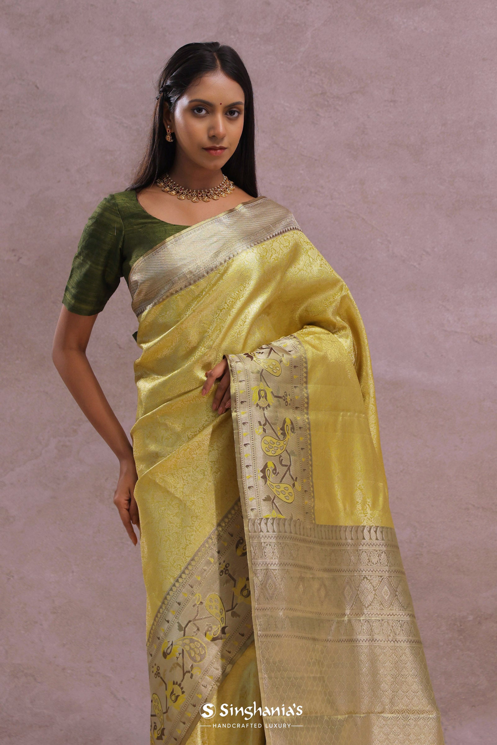 Golden Kanjivaram Tissue Saree With Contrast Green Border