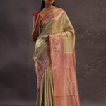 Beige Kanjivaram Tissue Silk Saree With Pink Border