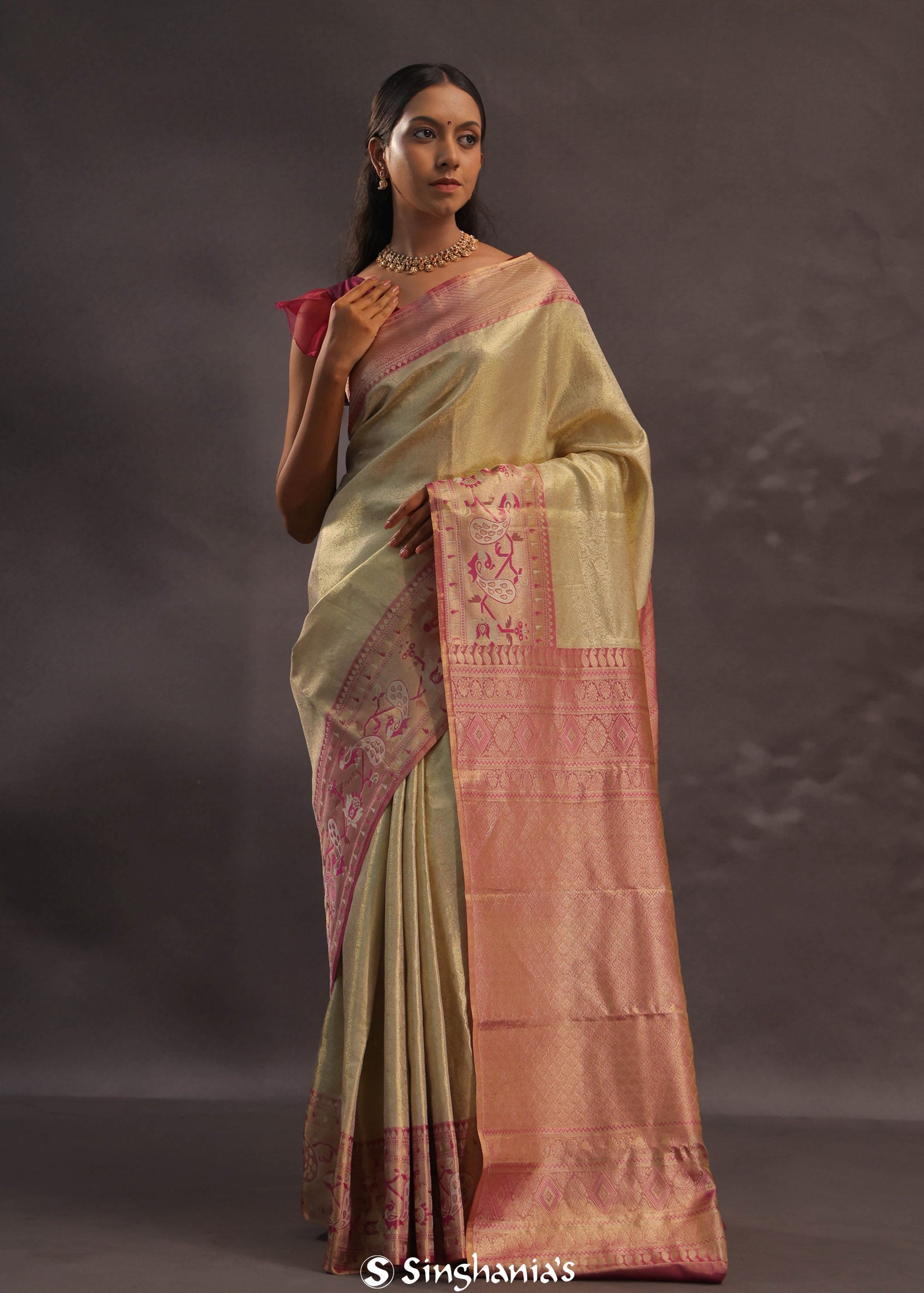 Beige Kanjivaram Tissue Silk Saree With Pink Border