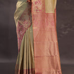 Beige Kanjivaram Tissue Silk Saree With Pink Border
