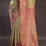 Beige Kanjivaram Tissue Silk Saree With Pink Border