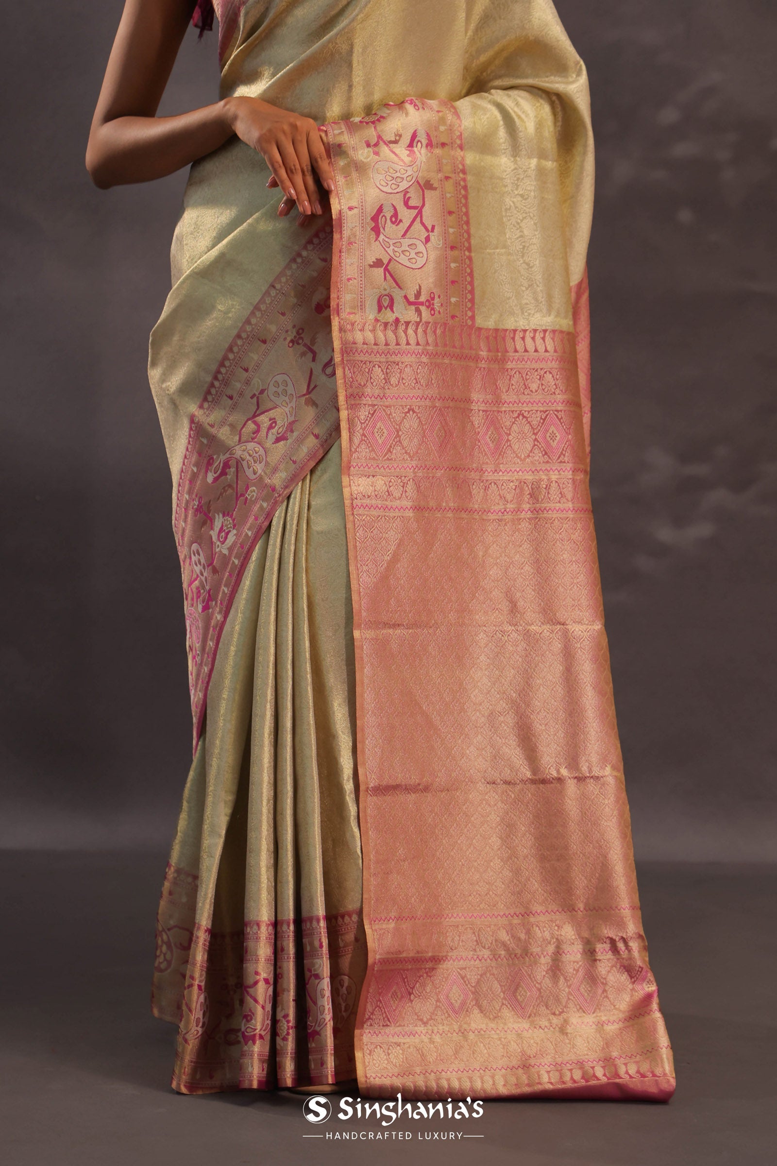 Beige Kanjivaram Tissue Silk Saree With Pink Border