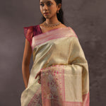 Beige Kanjivaram Tissue Silk Saree With Pink Border