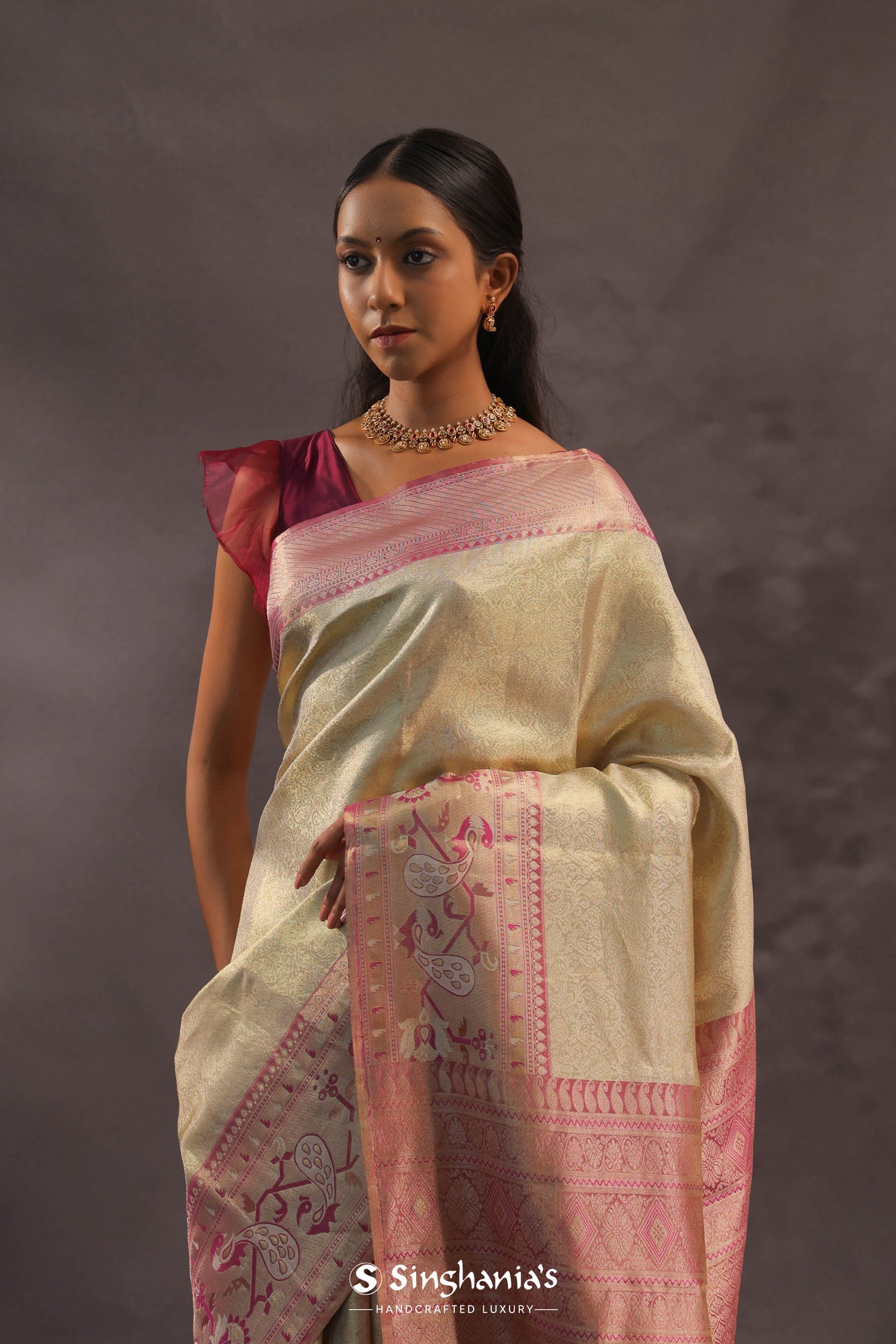 Beige Kanjivaram Tissue Silk Saree With Pink Border