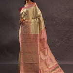 Beige Kanjivaram Tissue Silk Saree With Pink Border