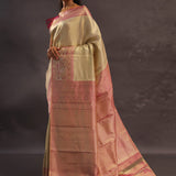 Beige Kanjivaram Tissue Silk Saree With Pink Border