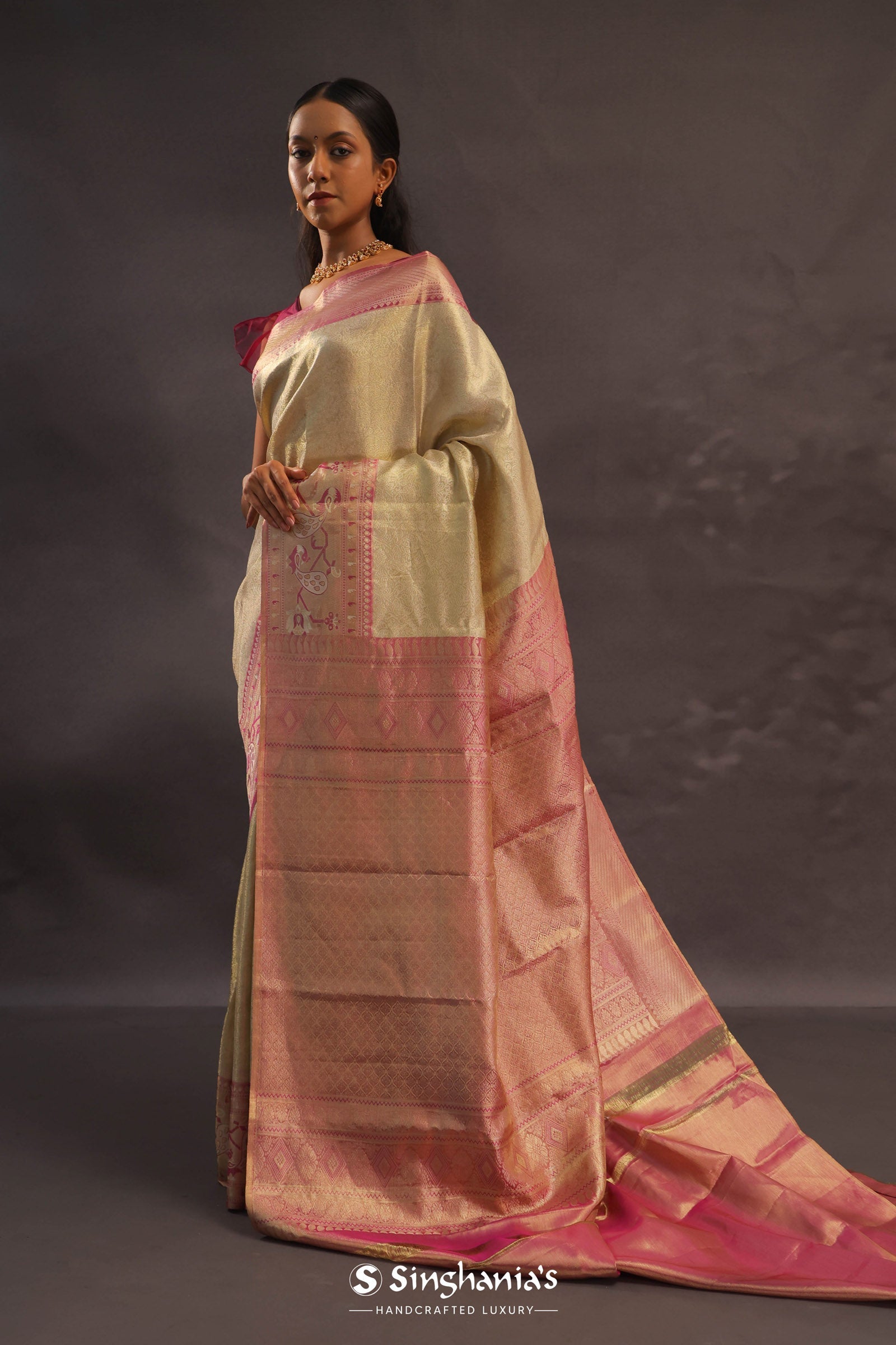 Beige Kanjivaram Tissue Silk Saree With Pink Border