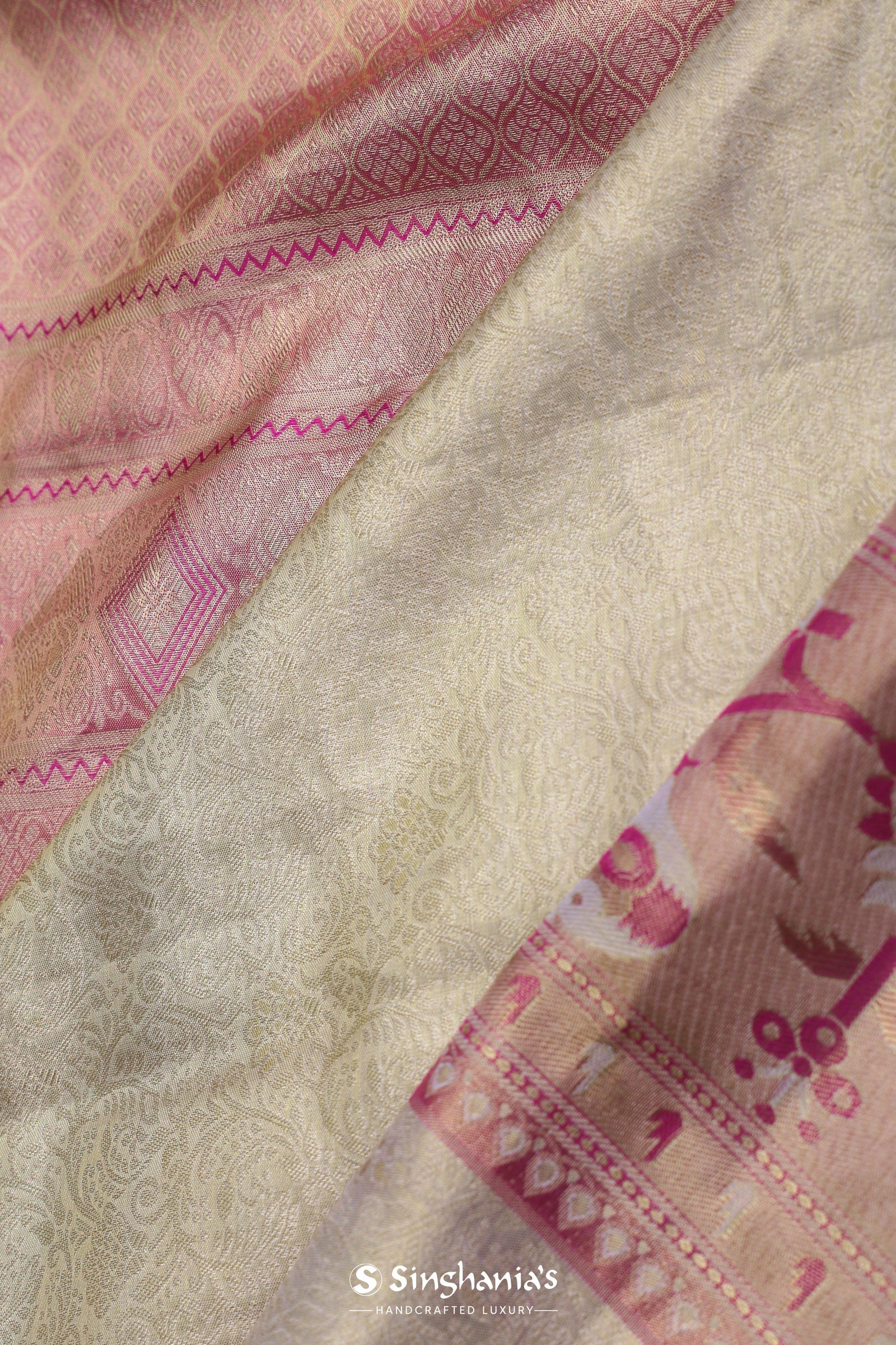 Beige Kanjivaram Tissue Silk Saree With Pink Border