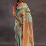 Mint Green Kanjivaram Tissue Silk Saree With Brown Border