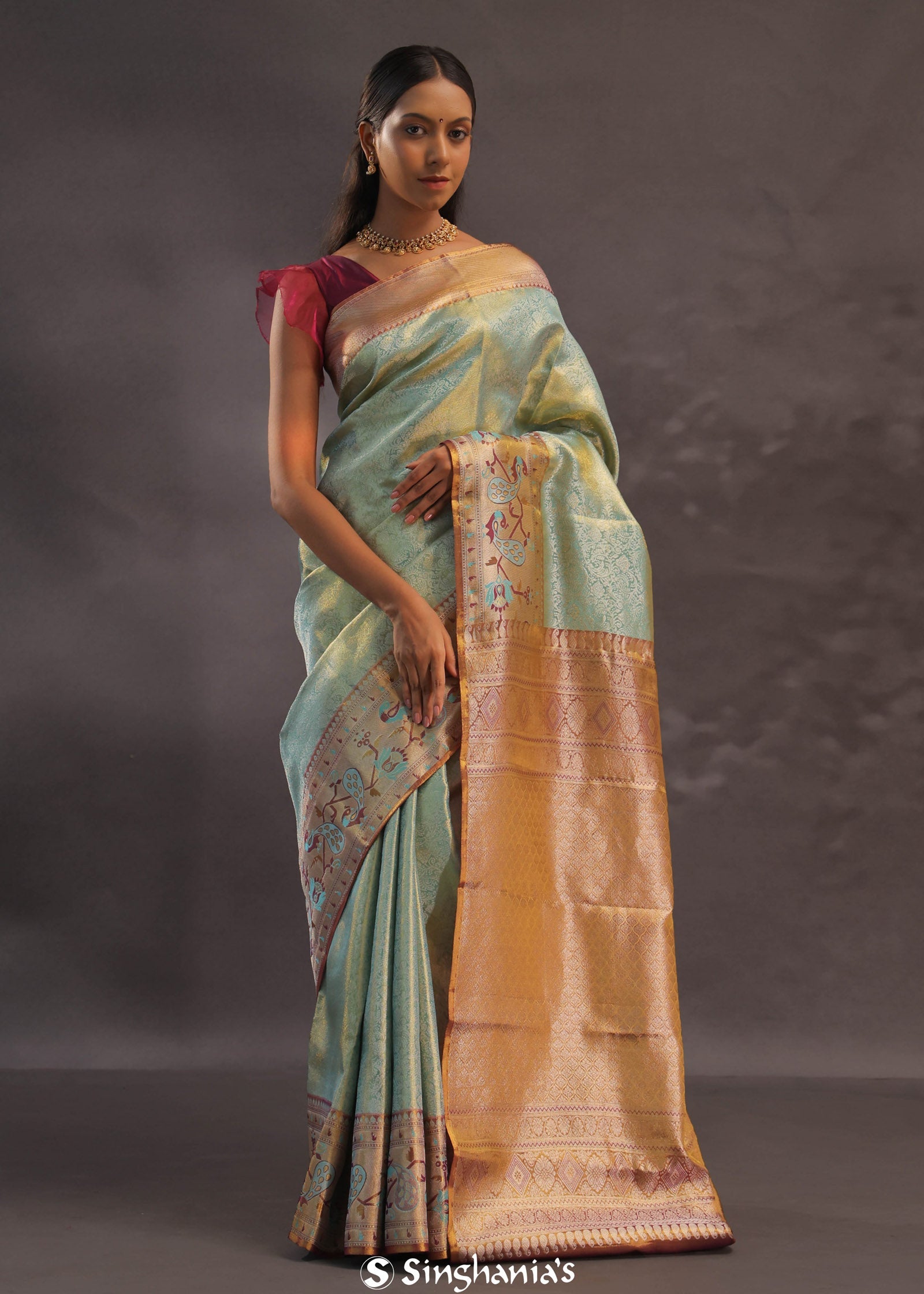 Mint Green Kanjivaram Tissue Silk Saree With Brown Border