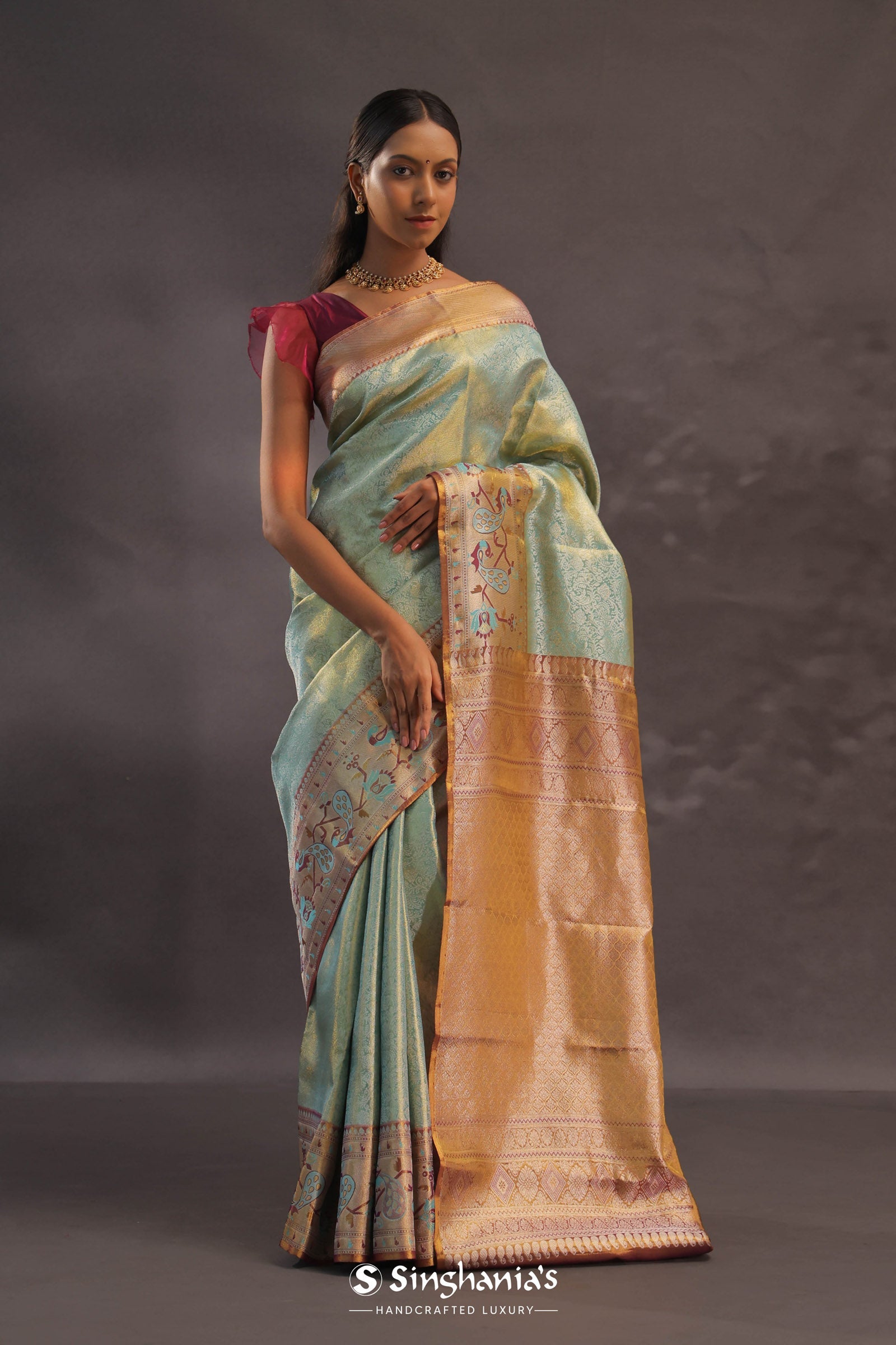 Mint Green Kanjivaram Tissue Silk Saree With Brown Border