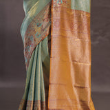 Mint Green Kanjivaram Tissue Silk Saree With Brown Border
