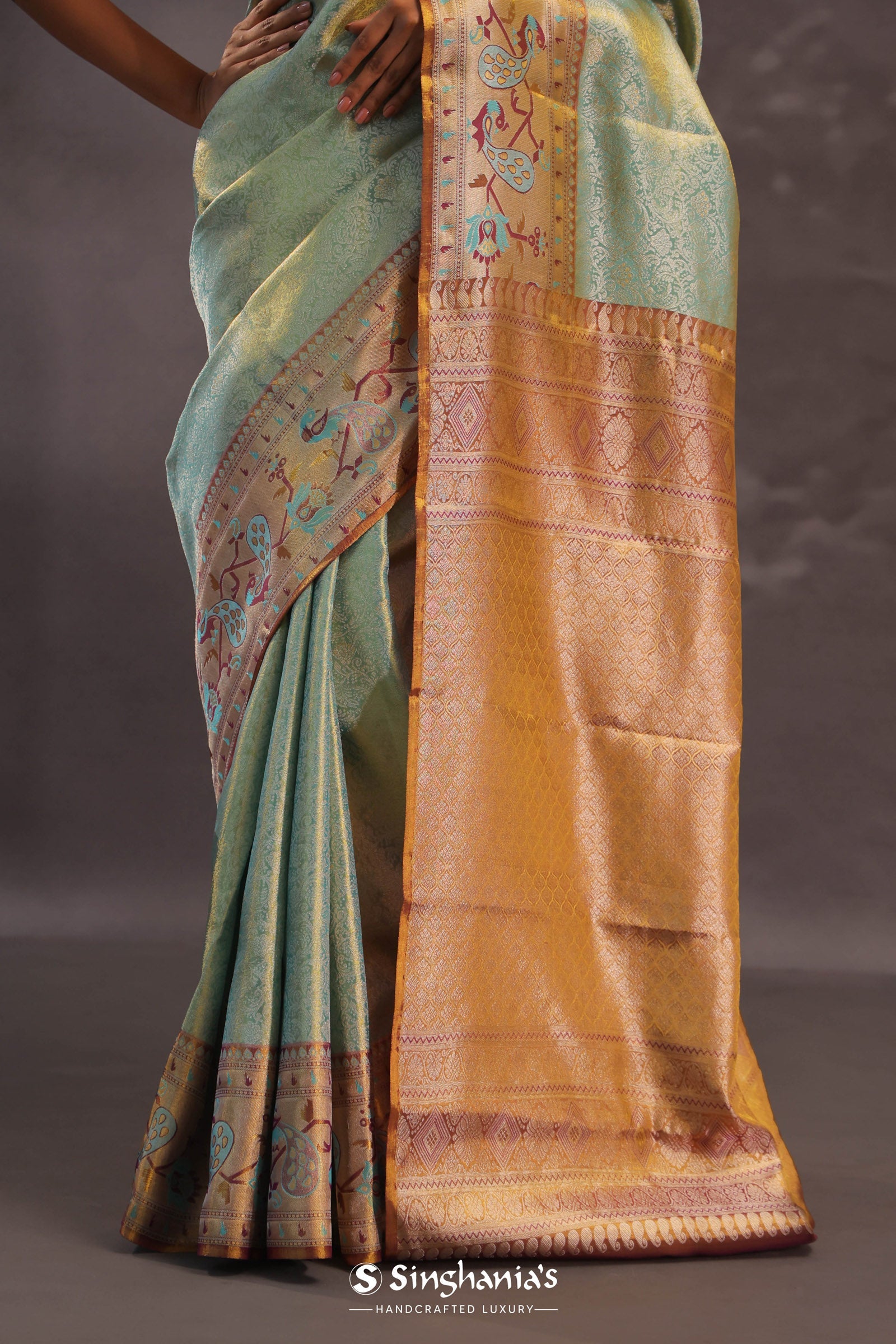 Mint Green Kanjivaram Tissue Silk Saree With Brown Border