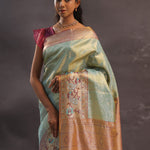 Mint Green Kanjivaram Tissue Silk Saree With Brown Border