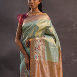 Mint Green Kanjivaram Tissue Silk Saree With Brown Border