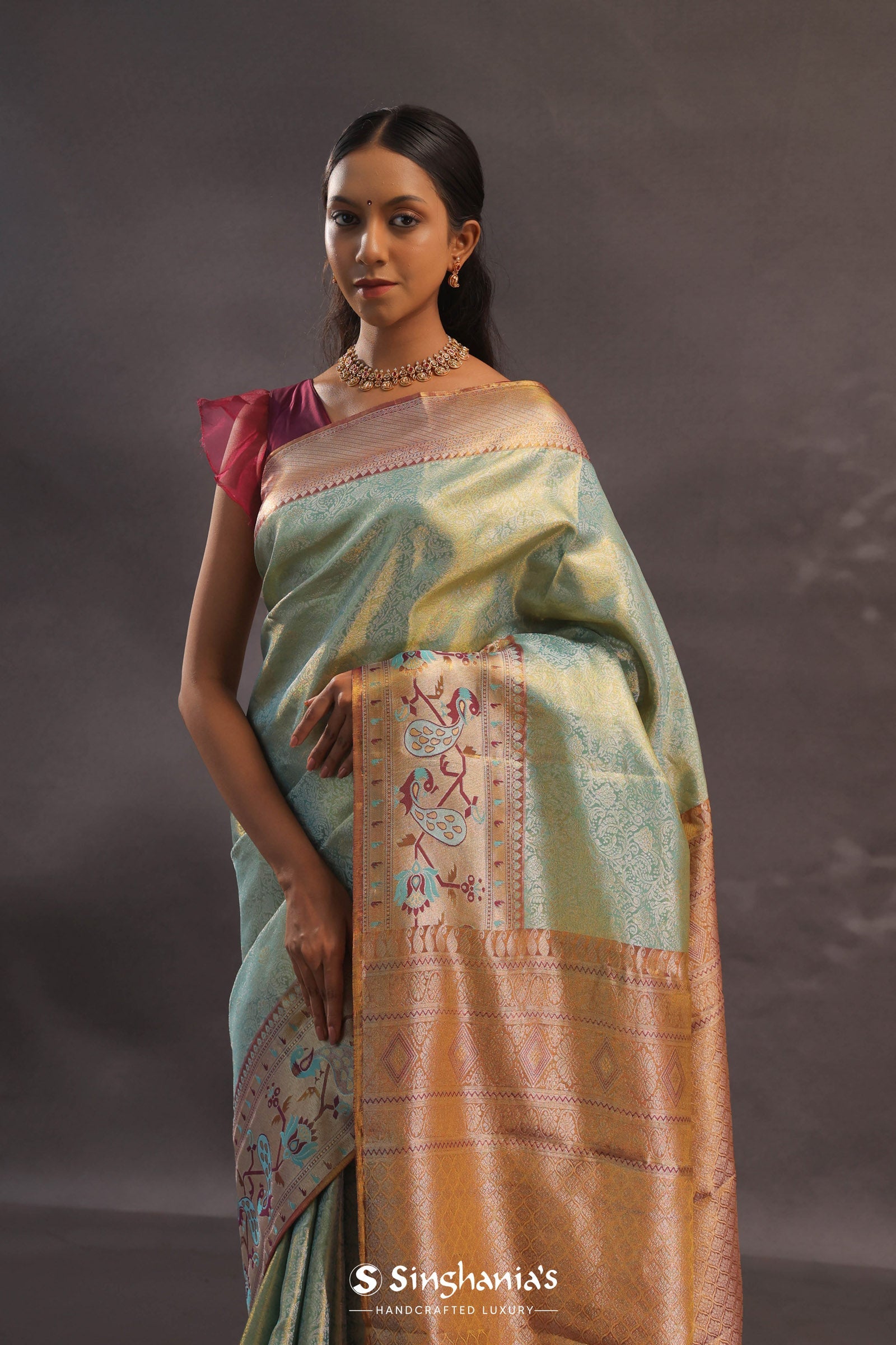 Mint Green Kanjivaram Tissue Silk Saree With Brown Border