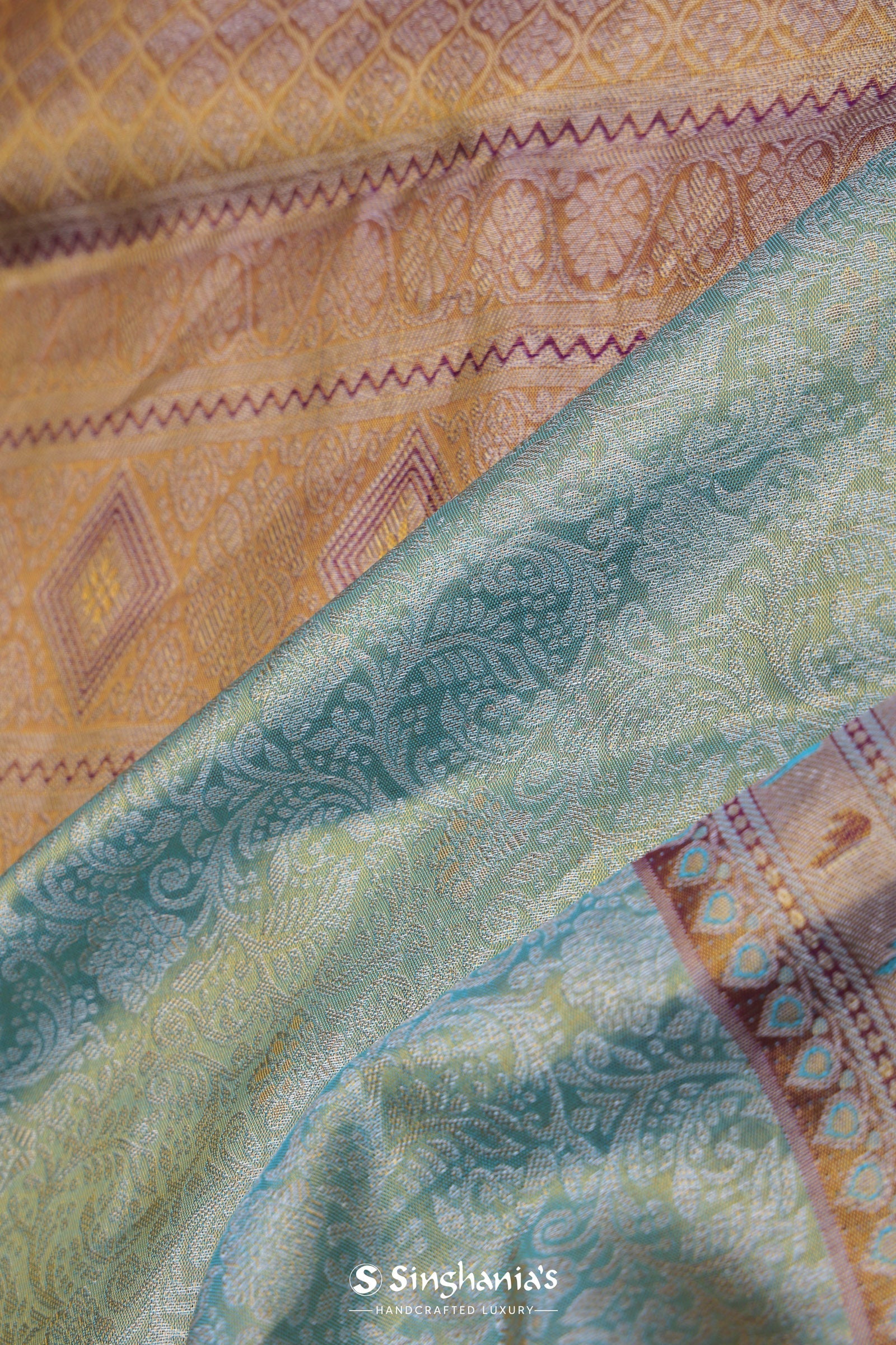 Mint Green Kanjivaram Tissue Silk Saree With Brown Border