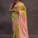 Golden Yellow Kanjivaram Tissue Silk Saree With Baby Pink Border