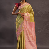 Golden Yellow Kanjivaram Tissue Silk Saree With Baby Pink Border