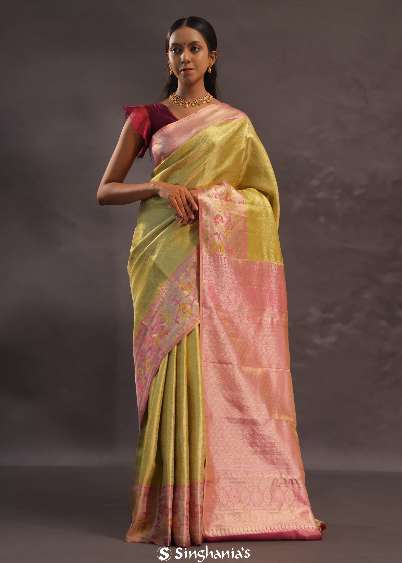 Golden Yellow Kanjivaram Tissue Silk Saree With Baby Pink Border